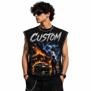 Camiseta sin Mangas Personalizada para Hombre, Estilo Motero, con Detalles de Remaches, Diseño de Cuello Redondo, Logotipo Frontal Impreso de Primera Calidad - Product Image 5