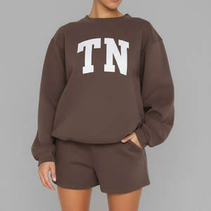 Ensemble sweat-shirt et short en laine pour femmes, taille plus, col rond, motif uni, tissu tricoté décontracté, tenue quotidienne d'hiver - Product Image 6