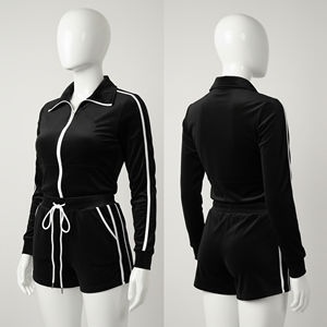 Ensemble de survêtement deux pièces en coton tricoté 100 % uni avec logo personnalisé pour l'été – Sweat-shirt zippé et short – Prix de gros pour femmes - Product Image 1