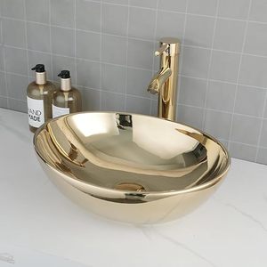 Lavabo rond en laiton plaqué or, finition martelée à la main, style rustique, pour salle de bain, montage monotrou sur plan - Product Image 5