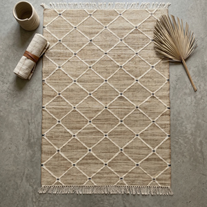 Modern Handwoven Jute <b>Rug</b> Beige Natural Diamond Geometric Pattern Fringed Textured Anti-Slip Area Carpet Living Room <b>Bedroom</b> - Product Image 1