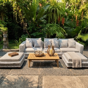 Outdoor White Rattan Woven Sectional Sofa Set Mahogany Wood Frame Wicker Furniture Cushion Ottoman Coffee Table Setup Art - Product Image 4