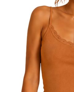 Top corto de tirantes finos con encaje y canalé para mujer, de algodón, ajustado, informal, de verano, estilo camiseta sin mangas, a la moda, color naranja - Product Image 3