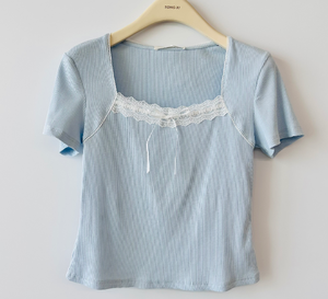 Women's Eco-Friendly Slim Fit Short Sleeve T-Shirt Square Neck Lace Bow Simple Patchwork Breathable Cute Knit Casual Sporty - Product Image 2