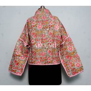 Veste indienne de luxe faite à la main Kantha pour femme, col en V, manches longues, fermeture à cordon, motif floral, 100% coton, veste de printemps - Product Image 4