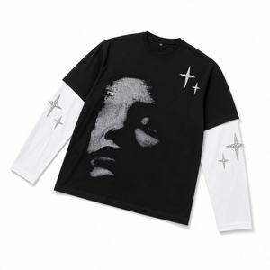 Long Sleeve T-<b>Shirt</b> With Photo Print Face And Rhinestone Stars Contrast Trim Men's Streetwear O-Neck Jersey Cotton - Product Image 4
