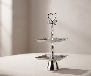 Premium Silver Metal 2 Tier Square Cake Stand with Heart Handle Pedestal Base Hammered Pastry Cupcake Display Tray - Product Image 1