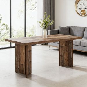 Table à manger rectangulaire en bois massif avec plateau en pierre frittée marbrée, finitions en bois, assemblée - Product Image 4