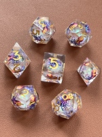 Ensemble de dés polyédriques en résine faits main, à cœur liquide, thème Pieuvre, Tortue marine, Hibou, Méduse, Dragon, 7 pièces, à bords vifs, avec motifs artistiques, pour DND RPG