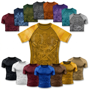 เสื้อเชิ๊ตใส่เล่นกีฬาแบบรัดรูปสีพื้นเสื้อเชิ๊ตป้องกันผื่นขึ้นโลโก้ตามสั่งสำหรับเล่นยิมฟิตเนส MMA BJJ - Product Image 1