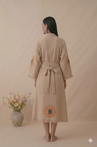 Vestido Maxi Bohemio Tejido para Mujer con Bordado, Dobladillo Deshilachado, Ajuste Holgado, Manga Larga, Cuello Mandarín, Algodón Vintage, Ropa Casual Ecológica - Product Image 4
