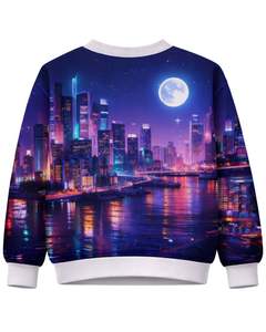Sudadera Personalizada con Estampado 3D de Ciudad Nocturna en Azul y Morado Neón, Sudadera Casual con Cuello Redondo para Hombre, Top de Sublimación Personalizado para Ropa Urbana - Product Image 2