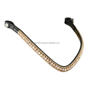 Logotipo personalizado hecho a mano banda de cejas de caballo de cuero genuino decorado con 3 filas de cristales dorados y blancos cadena de diamantes - Product Image 4