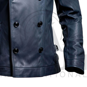Manteau long en cuir véritable marron pour homme avec fermeture à boutons, col rabattable, coupe-vent, veste décontractée d'automne - Product Image 5