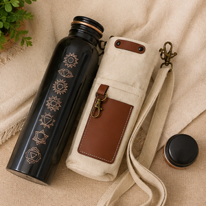Heritage Black Copper <b>Bottle</b> With Canvas Travel Carrier Eco-friendly Portable Multi-Use Home Use with Coaster Lids - Product Image 1
