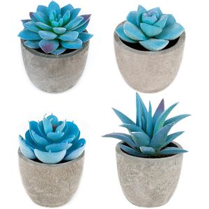Ensemble de 4 succulentes artificielles en pot bleues pour la maison, le bureau, petites plantes décoratives d'intérieur pour les étagères, les tables - Succulentes artificielles - Product Image 1