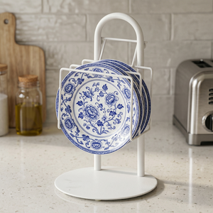 White Round Plate <b>Rack</b> Storage Holder for Kitchen Tableware with Stackable Design Modern Style Standing Type Plastic Material - Product Image 1