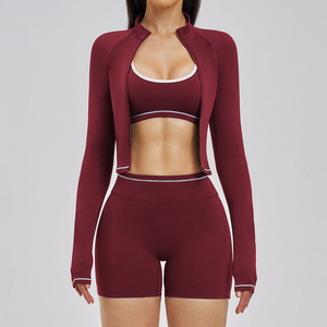 Ensemble de yoga 2 pièces pour femmes, short taille haute, haut court sans couture, manches longues, noir uni, tenue de sport, spandex, polyester, séchage rapide - Product Image 6