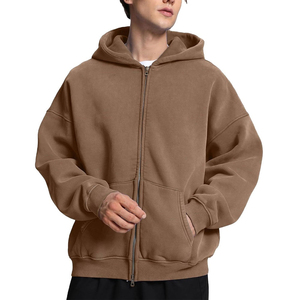 Sweat-shirt à capuche zippé épais unisexe en coton surdimensionné, style streetwear décontracté, délavé à l'acide, personnalisable - Product Image 1