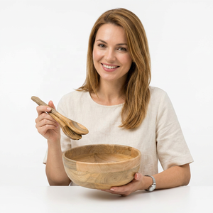 Grand bol en bois poli fait main, écologique, moderne et luxueux, compatible lave-vaisselle, pour salades, fruits, pain et collations - Product Image 1