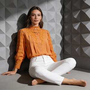 Oferta especial en Temu |   Blusa elegante de encaje naranja para mujer, con cuello alto, manga larga, informal, con botones - Product Image 5