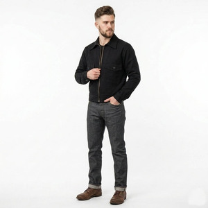 Chemise de travail en coton pour homme avec fermeture éclair et poches, col rabattu, couleur noire unie, style automne - Product Image 3
