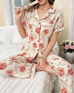 Women's Floral Print Short Sleeve Pajama Set 100% Cotton Button Front Sleepwear Casual Summer Loungewear Full Length <b>Pants</b> - Product Image 2