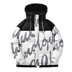 Manteau à capuche pour homme 100% polyester, blanc et noir, imprimé lettres, décontracté, fermeture éclair, épais, coupe classique, vêtement d'extérieur, garnissage 200g-250g, tissé - Product Image 1