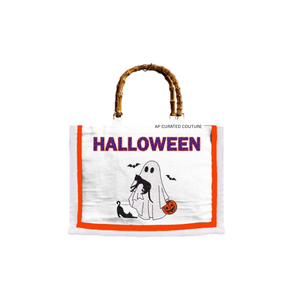 Bolsa de lona bordada con fantasmas de Halloween, personalizada, al por mayor, con asa de bambú, estilo otoñal, para compras. - Product Image 5