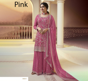 Salwar Kameez de Seda Rosa Bordado para Mujer, Vestido Tradicional Indio Pakistaní para Boda, Largo hasta el Suelo, Corte Regular 66841 - Product Image 1