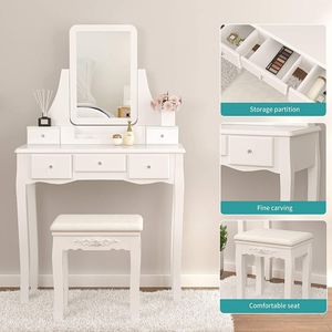Mecor White Makeup Vanity <b>Set</b> with Square <b>Mirror</b> Cushioned Stool 5 Drawers 3 Removable Divid Wood <b>Dressing</b> <b>Table</b> - Product Image 4