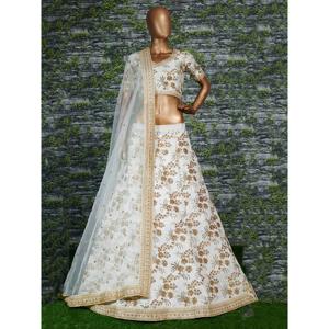 Lehenga Choli de Satén Bordado en Color Blanco Hipnótico para Bodas, Semi-Cosido, de Zeel Clothing - Product Image 4