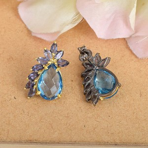 Pendientes de Plata de Ley 925 con Topacio Azul y Lapislázuli 100% Naturales, Joyería Fina para Mujer, Venta al Por Mayor - Product Image 1