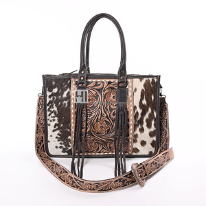 Sac fourre-tout Western Cowgirl en cuir de vachette avec franges en daim – Sac de shopping pour femme en cuir à poils - Product Image 1