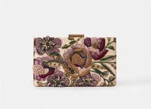 Floral Zardozi Silk Soft Portable <b>Clutch</b> Bag Pearl Embellished Evening Purse Handmade Wedding Party Chain Strap Flap Closure - Product Image 1