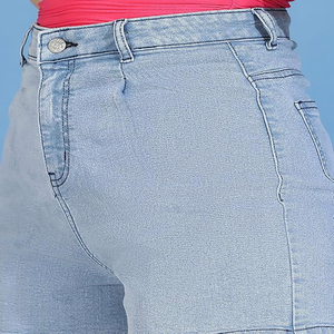 Nouveau style – Short en jean léger pour femme, taille haute, blocs de couleur, coutures apparentes, idéal pour l'été - Product Image 5
