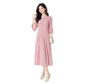 Vestido Midi Plisado Rosa para Mujer, Casual, Cuello Redondo, Manga Tres Cuartos con Volantes, Tejido Sólido Transpirable, Vestido de Verano para Mujer - Product Image 1