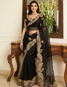 Sari de red Bollywood reversible de secado rápido y sin arrugas con bordado para mujer KV, con blusa sin coser (Negro) - Product Image 2