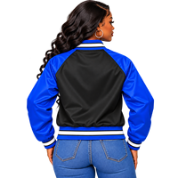 Blouson Bomber Noir Zeta Phi Beta pour Femme avec Doublure Imprimée, Manches en Satin Bleu Royal, Patch Écusson Chenille Lettres Grecques, Fermeture à Boutons-Pression