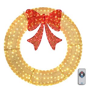 Ghirlanda Natalizia da Esterno in Metallo Pre-Illuminata a LED da 48 Pollici con 315 Luci, Decorazione Festiva per Casa, Giardino, Esterni, Fiocco Oro/Rosso, per Interni - Product Image 1