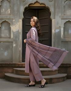 Conjunto de Kurta y Pantalón Recto de Algodón Rosa con Dupatta con Estampado Digital, Cuello Redondo, Largo hasta la Pantorrilla, Traje Étnico para Mujer, Tallas M, L, XL, XXL - Product Image 5