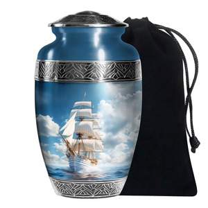 Urna Funeraria Azul con Diseño de Velero para Cenizas de Adultos, con Bandas Grabadas en Plata, Urna Conmemorativa de Aluminio y Bolsa de Terciopelo Gratis - Product Image 1