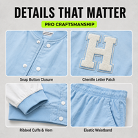 Ensemble de survêtement personnalisé OEM pour homme, bleu pastel, avec veste coupe-vent en nylon à manches contrastantes et pantalon de jogging style collage avec lettres en chenille – Fabrication usine