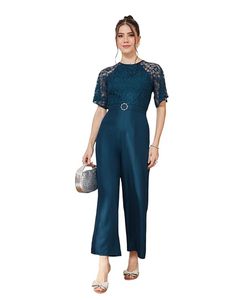 Combinaison élégante pour femme en satin bleu à motifs floraux, respirante, avec manches lanternes en dentelle, taille haute, longueur mi-mollet, idéale pour les cocktails et soirées. - Product Image 1