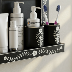 Organizador de baño floral negro, estante de pared decorativo de madera, juego de almacenamiento para baño con soporte para cepillos de dientes - Product Image 4