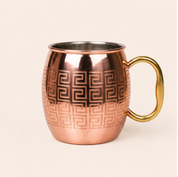 Mug à Moscow Mule en cuivre pur artisanal de qualité supérieure avec motif grec gravé et poignée en laiton, tasse à bière et cocktail pour bar