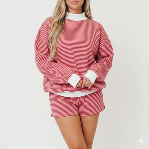 Wholesale <b>Women</b> Pink White Striped Printed Polyester/Cotton Knitted 2 Piece <b>Shorts</b> Set Turtleneck <b>Long</b> Sleeve Loose Fit Casual - Product Image 1