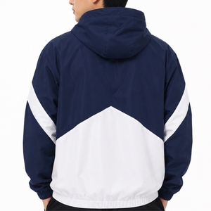 <b>Men</b> Windbreaker <b>Jacket</b> Navy <b>White</b> Color block Lightweight Shell Fabric Hooded Zip Design Sporty Retro Style Contrast Panel - Product Image 2
