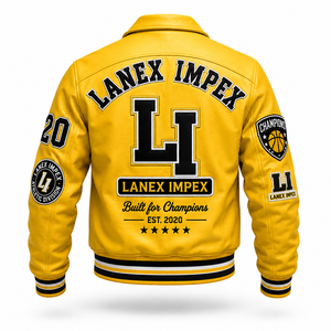 แจ็คเก็ตหนังสีเหลืองแบบกำหนดเองสำหรับผู้ชาย แจ็คเก็ต Letterman Bomber พร้อมป้ายปักไหมพรม  ผู้ผลิต OEM ODM - Product Image 3