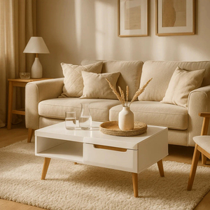 Table basse moderne de luxe en bois massif, style nordique, avec tiroir de rangement, design mi-siècle, pieds coniques pliables, en chêne, mobilier de maison - Product Image 5